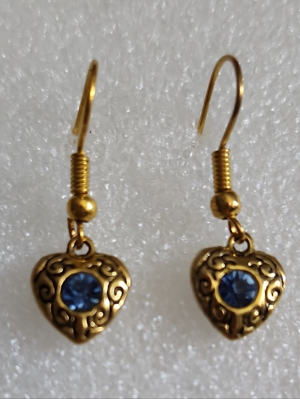 Hand Crafted Gold Heart Earrings with Blue Stones